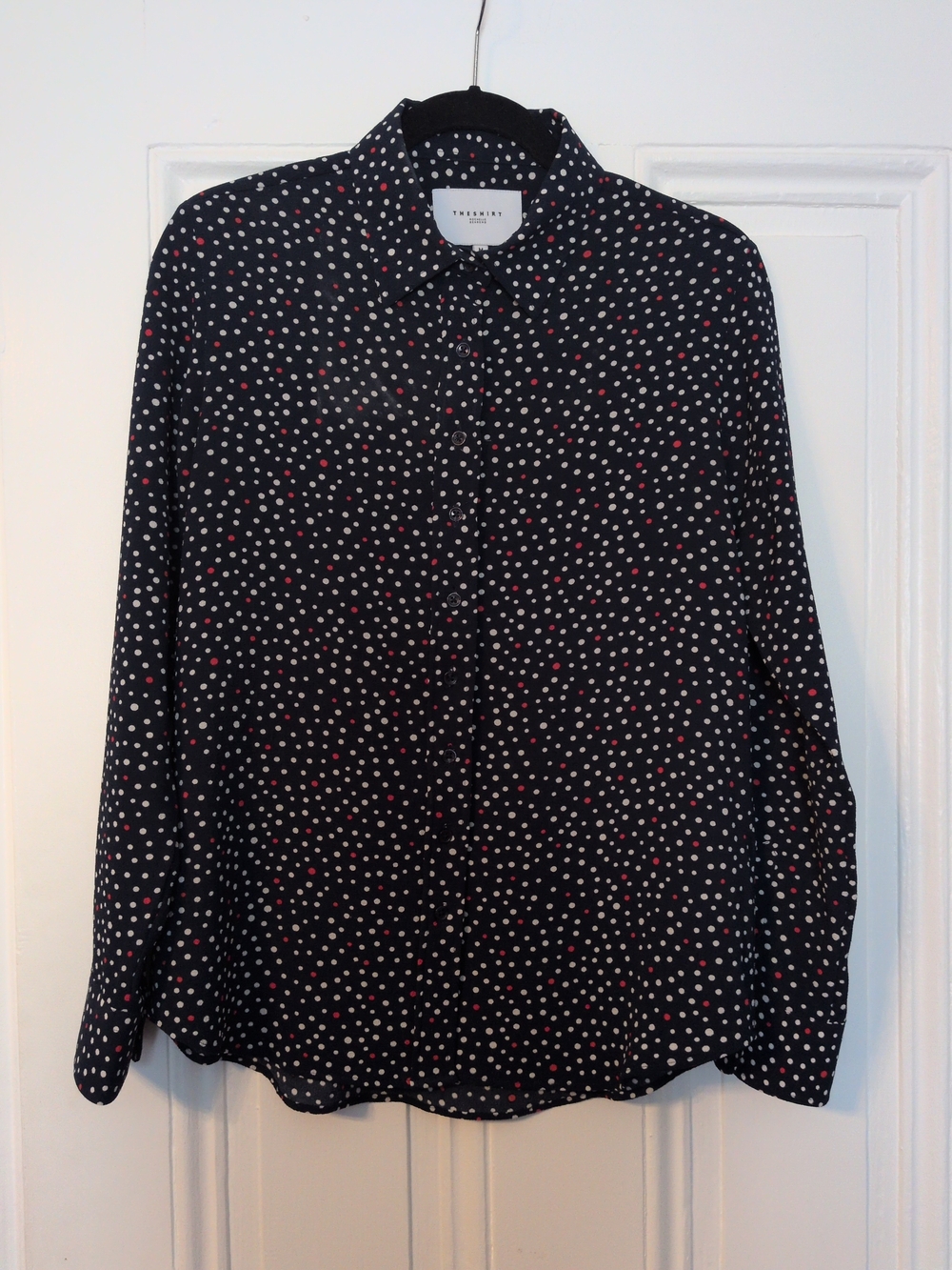 The Shirt By Rochelle Beherns Navy Polka Dot Button-Up Blouse